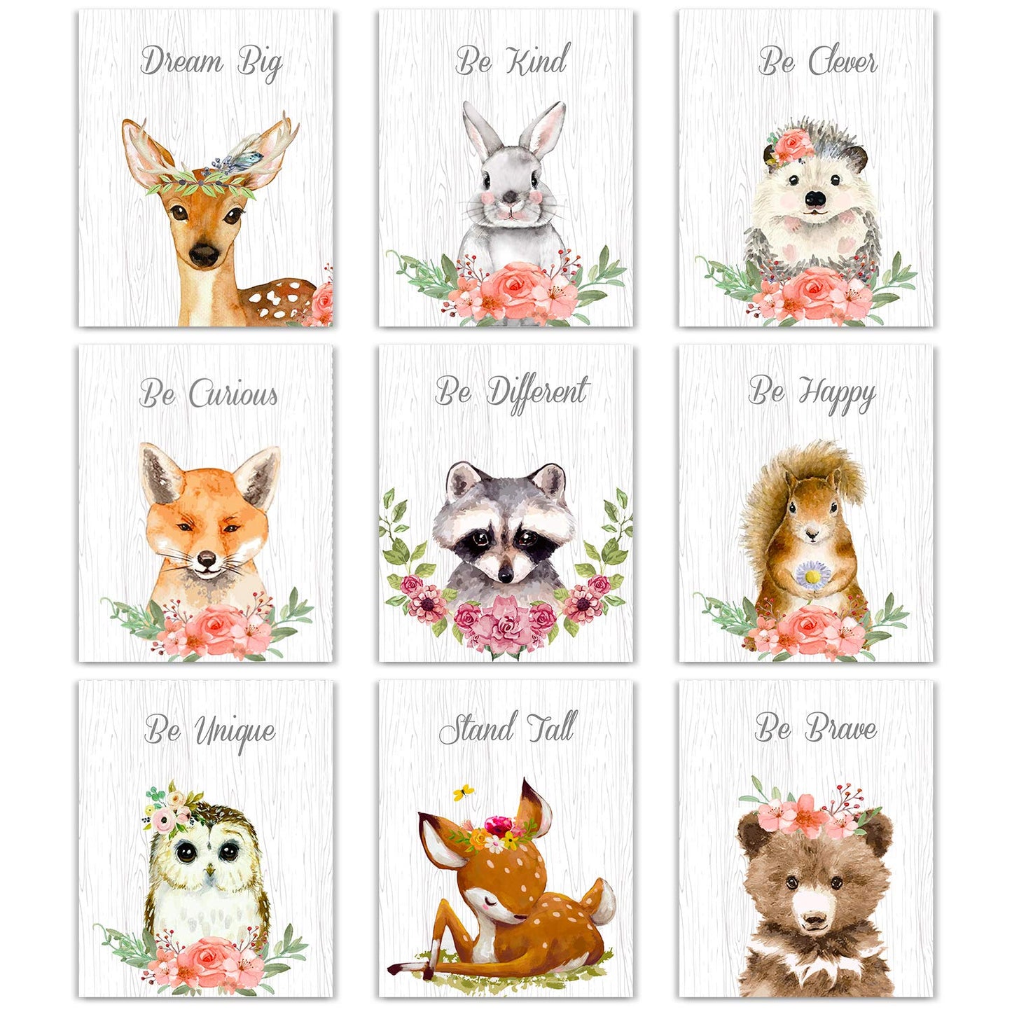 Outus 9 Pieces Woodland Nursery Wall Art Prints Cute Woodland Floral Crown Animals Motivational Posters Pictures Wall Decor for Baby Kids Room Home Decorations (Unframed, 8 x 10 Inch)