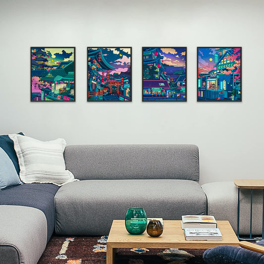 DALIHEBO Anime Poster Japanese Wall Art Decor Neon Night Scene Wall Art Gift Set of 4(8x10 in Unframed)