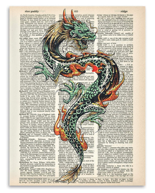 Upcycled Dictionary Art - Traditional Chinese Dragon - Vintage Home or Office Print, Dictionary Book Page Decorative Art, Antique Chinese Wall Art and Home Gift, 8.5x11 Unframed Dictionary Art Poster