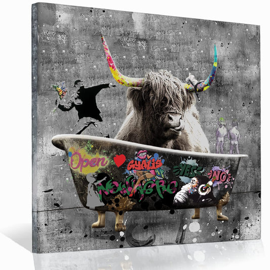 Funny Highland Cow Wall Art in Bathtub, Banksy Graffiti Canvas Wall Art, Black and White Cow In Bathroom Picture Farmhouse Style Wall Decor Posters Unframed 12x12 inch