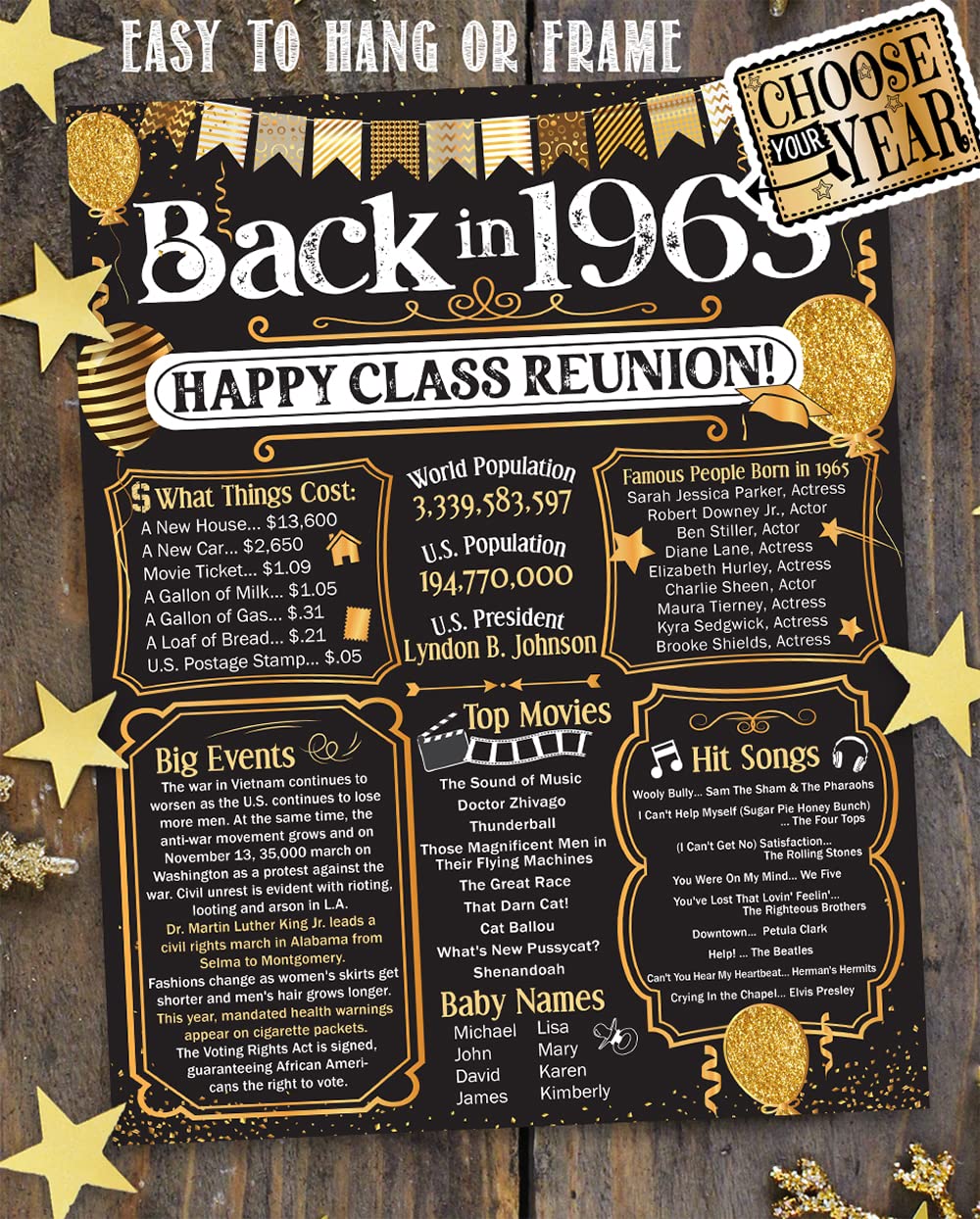 59th High School Reunion (Fifty-nine) Decoration in Gold - Remembering The Year - Class of 1965-11x14 Unframed Poster - Perfect Party Decor and Gift