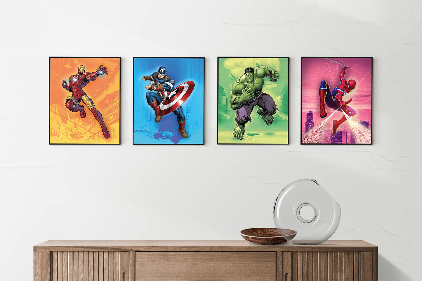 Superhero Wall Decor Poster Prints - Set of 4 (8 inch x 10 inch) - Superhero Room Decor for Boys - Avengers Wall Art - Room Decor For Kids - Nursery, Bathroom, Playroom Decor (UNFRAMED)