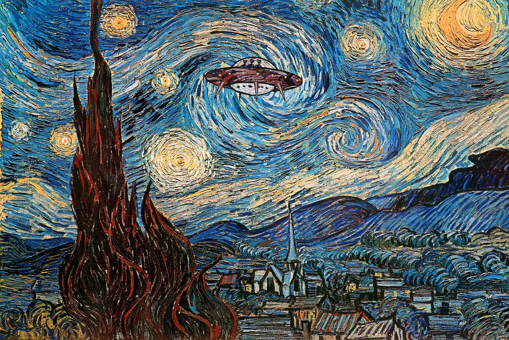 UFO Sighting On A Starry Night Vincent Van Gogh Humor Art Van Gogh Wall Art Nature Town Wall Decor Landscape Night Sky Poster Starry Night Decor Fine Art Cool Wall Decor Art Print Poster 12x18