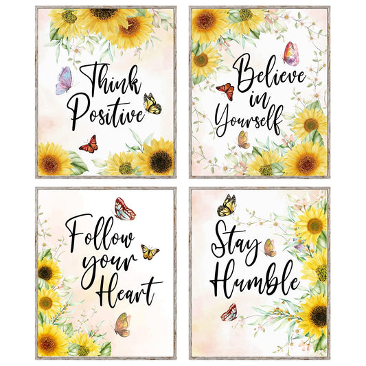 Butterfly Inspirational Quote Wall Art Print For Girls, Sunflower Wall Decor For Girls Bedroom, Motivational Wall Art For Girls Women, Butterfly Pictures Wall Decor Posters (Set Of 4, 8x10 In)