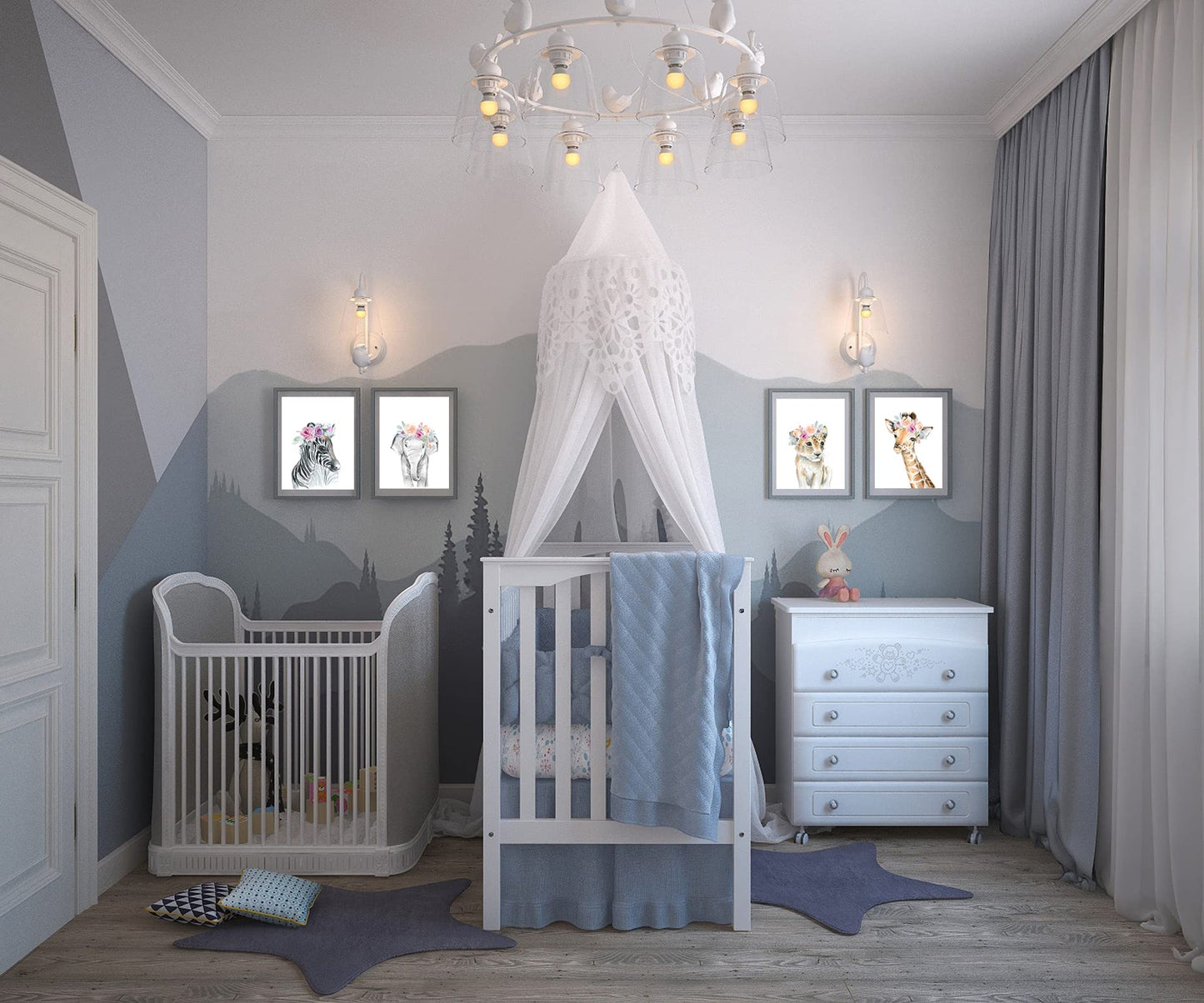 Baby Watercolor Animals Floral Wall Art Prints,8"x12" Tiger Elephant Zebra Giraffe With Wreath On Head Woodland Safari Animals Posters Pictures For Kids Rooms Nursery Decor Art (Set of 4,Unframed)