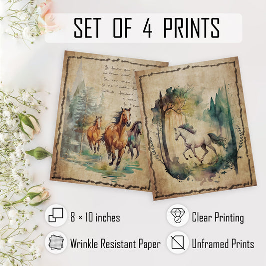 HRQKO Vintage Retro Horse Wall Art Poster Prints Set of 4, Watercolor Wildlife Animals Horse Pictures Printing Posters Wall Decor, Colorful Woodland Prints for Bathroom Living Room 8”x10” Unframed