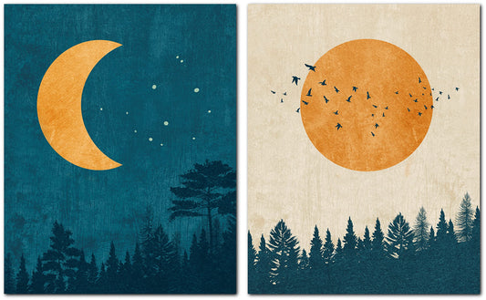 Sun and Moon Wall Decor -Unframed Set of 2 (8x10 Inch)- Sun and Moon Wall Art, Blue Abstract Modern Chic Boho Wall Art Decor Poster Prints for Home Room Bedroom Nursery Livingroom Kitchen by LIYA
