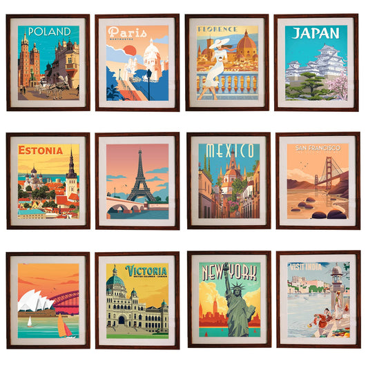 VIVIMAGIS Vintage Wall Decor Aesthetic Retro Style Travel City Posters for Room Decor Wall Art Print-Set of 12 World Travel Paintings Decorations Dorm Room 8" x 10" (UNFRAMED)