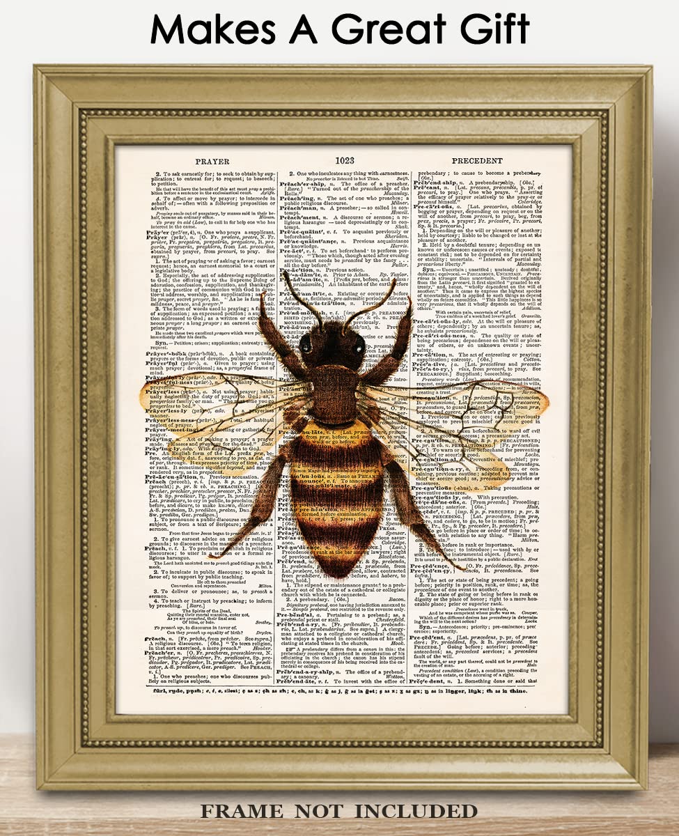 Vintage Bee Dictionary Wall Art Print - 8x10 Unframed Poster Print for Home, Office, Living Room and Bedroom - Creative Gift Idea for Bee and Farm Lovers