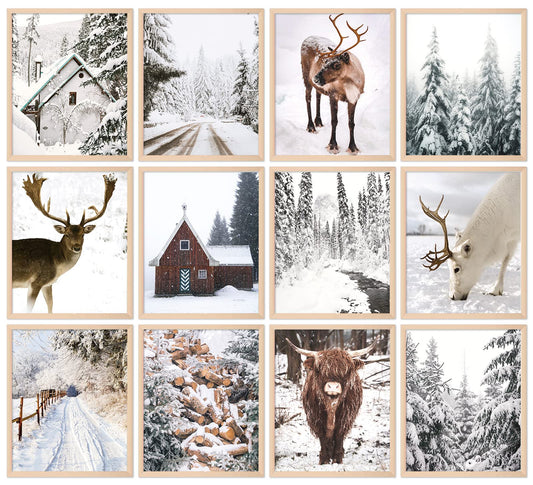 Whaline 8x10in 12Pcs Winter Wall Art Prints Cozy Christmas Room Decor Scandinavian Poster Snow Forest Frost Pictures Xmas Tree Deer Mountain House Photo for Gallery Wall Home Nordic Decor(UNFRAMED)