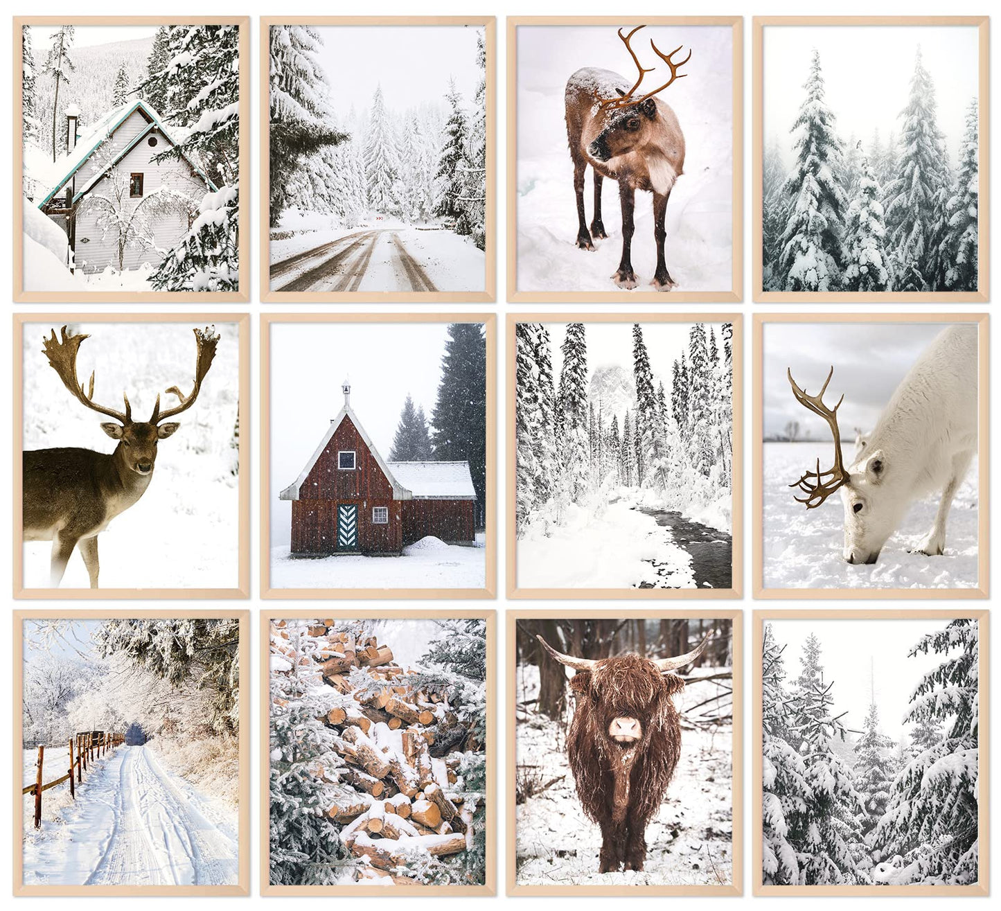 Whaline 8x10in 12Pcs Winter Wall Art Prints Cozy Christmas Room Decor Scandinavian Poster Snow Forest Frost Pictures Xmas Tree Deer Mountain House Photo for Gallery Wall Home Nordic Decor(UNFRAMED)