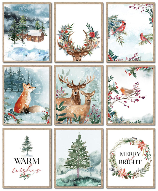AnyDesign 9Pcs Christmas Wall Art Prints Watercolor Woodland Posters Decorative Natural Xmas Tree Reindeer Forest Art Posters for Home Gallery Living Room Bedroom Decor, 8 x 10 Inch, Unframed