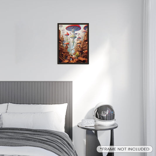 EXCOOL CLUB Fairy Tale Mushroom Decor Aesthetic Pictures - 12x16 Trippy Mushroom Poster, Psychedelic Room Decor, Magic Hippie Wall Art Fantasy Mushrooms City Prints for Bedroom (UNFRAMED)