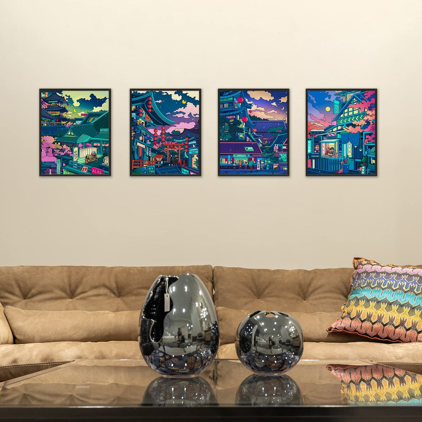 DALIHEBO Anime Poster Japanese Wall Art Decor Neon Night Scene Wall Art Gift Set of 4(8x10 in Unframed)