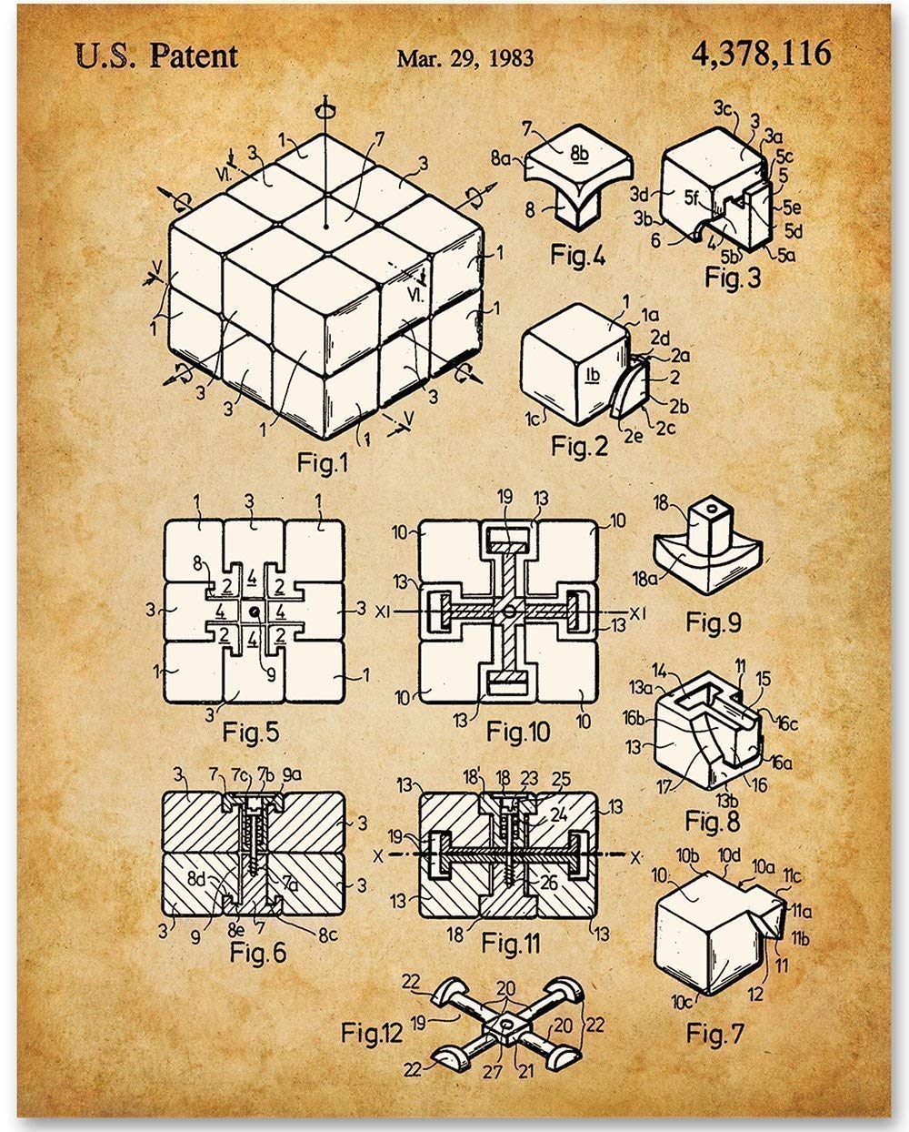 Rubik's Cube Patent Print - Vintage Puzzle Game Wall Art, Home Decor for Kid, Great Gift Idea for Gamer, Classic Bedroom Decor, 11x14 Unframed Poster Print