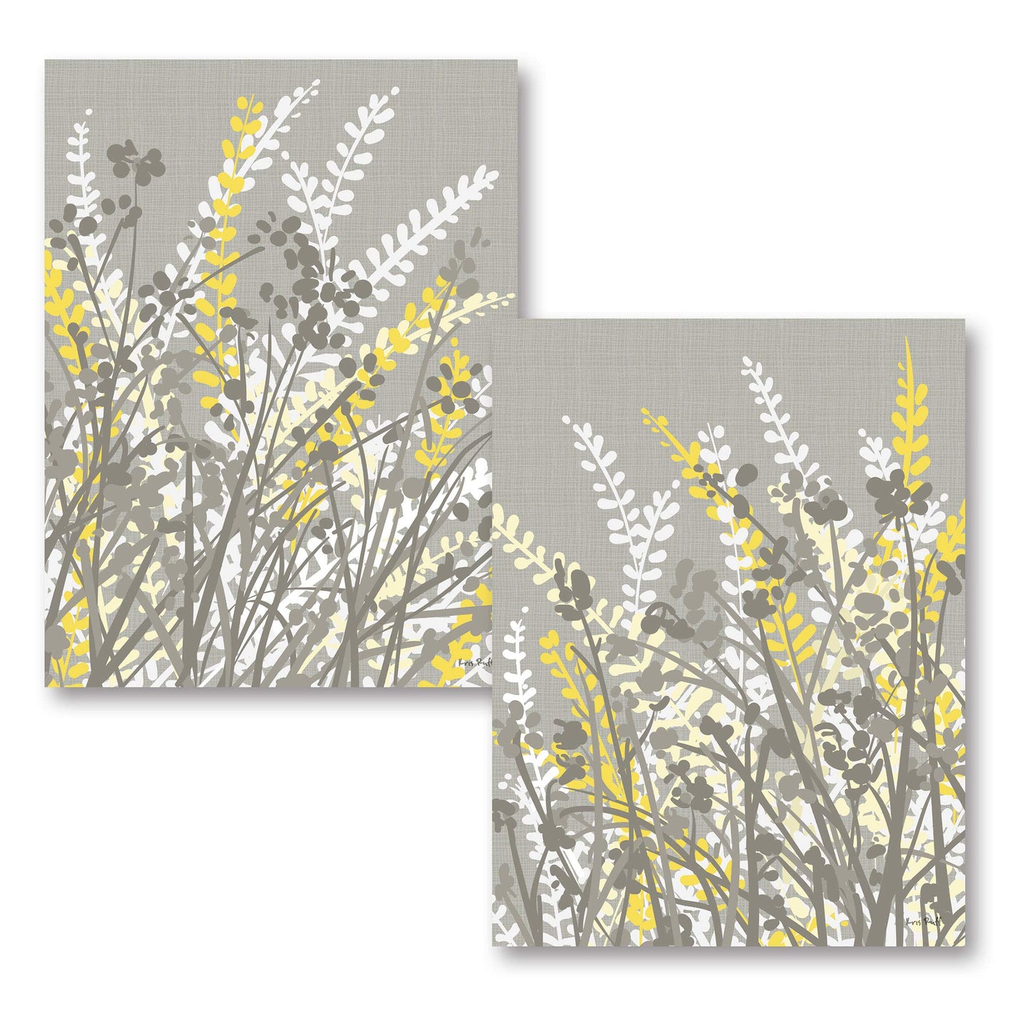 2 Grey, White and Yellow Floral Meadow Print Set; 2-11x14" Unframed Paper Posters