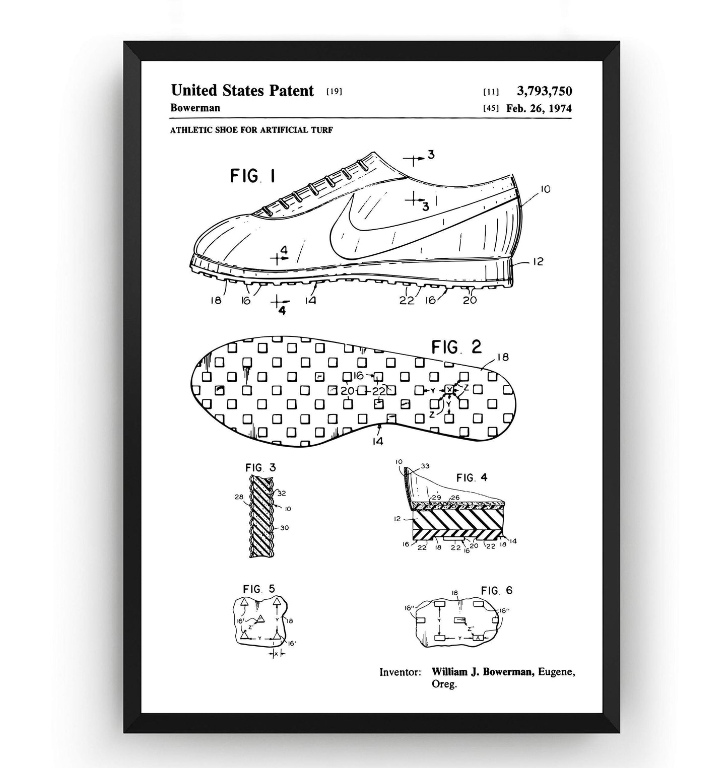 Magic Posters Athletic Shoe 1974 Patent Print - Track And Field Running Poster Giclee Art Wall Decor Vintage Blueprint Gift - Frame Not Included