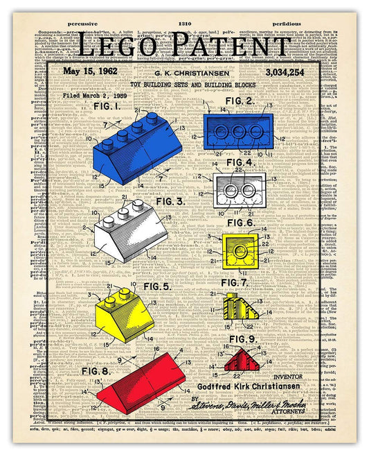 Vintage Lego Patent Print: 8x10 Unframed Aesthetic Wall Posters & Unique Art Prints Picture for Bathroom, Home, Man Cave, Dorm, Office & Bar Wall Decor Poster - Creative Gift Idea for Lego Fans