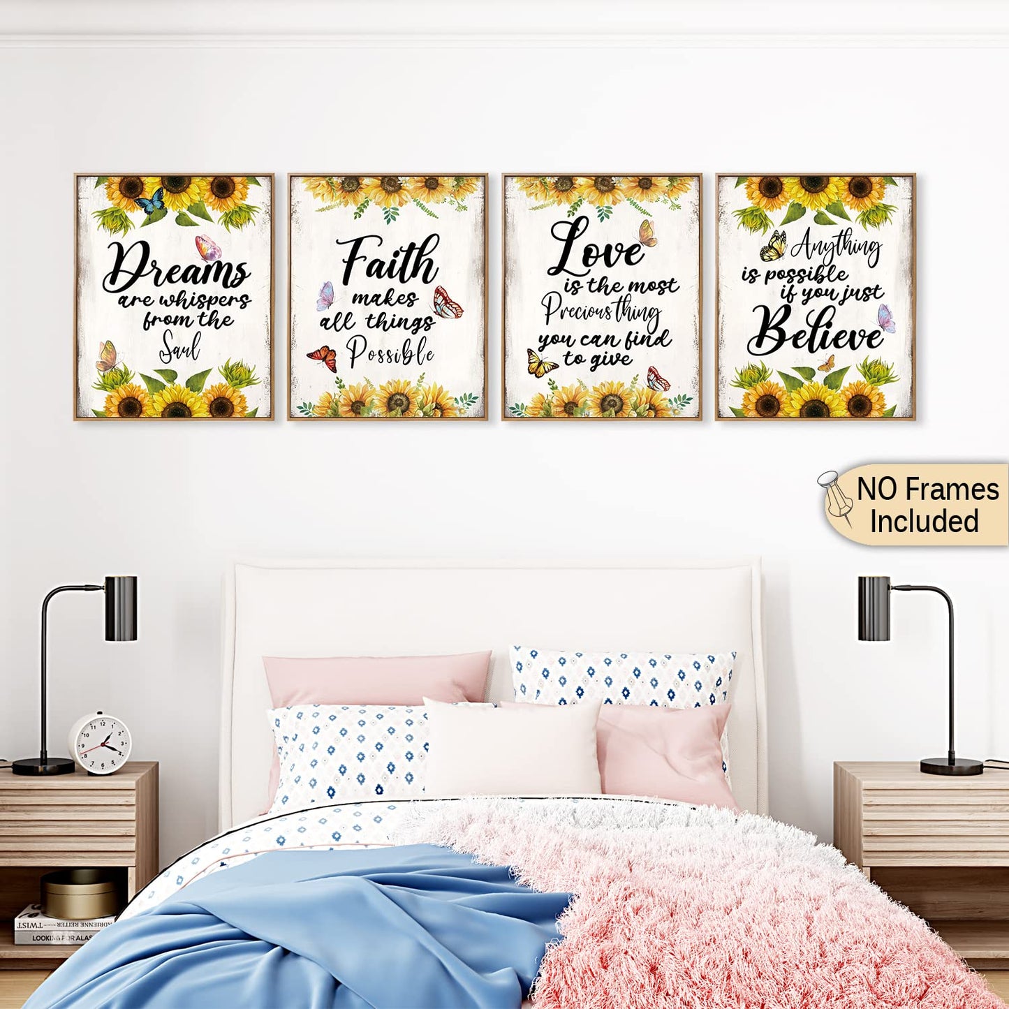 MTL HOE Inspirational Quote Wall Art Decor For Women, Positive Quote Butterfly Pictures Wall Decor Posters, Sunflower Wall Decor For Girls Bedroom, Motivational Saying Art Print Set of 4, 8x10 In