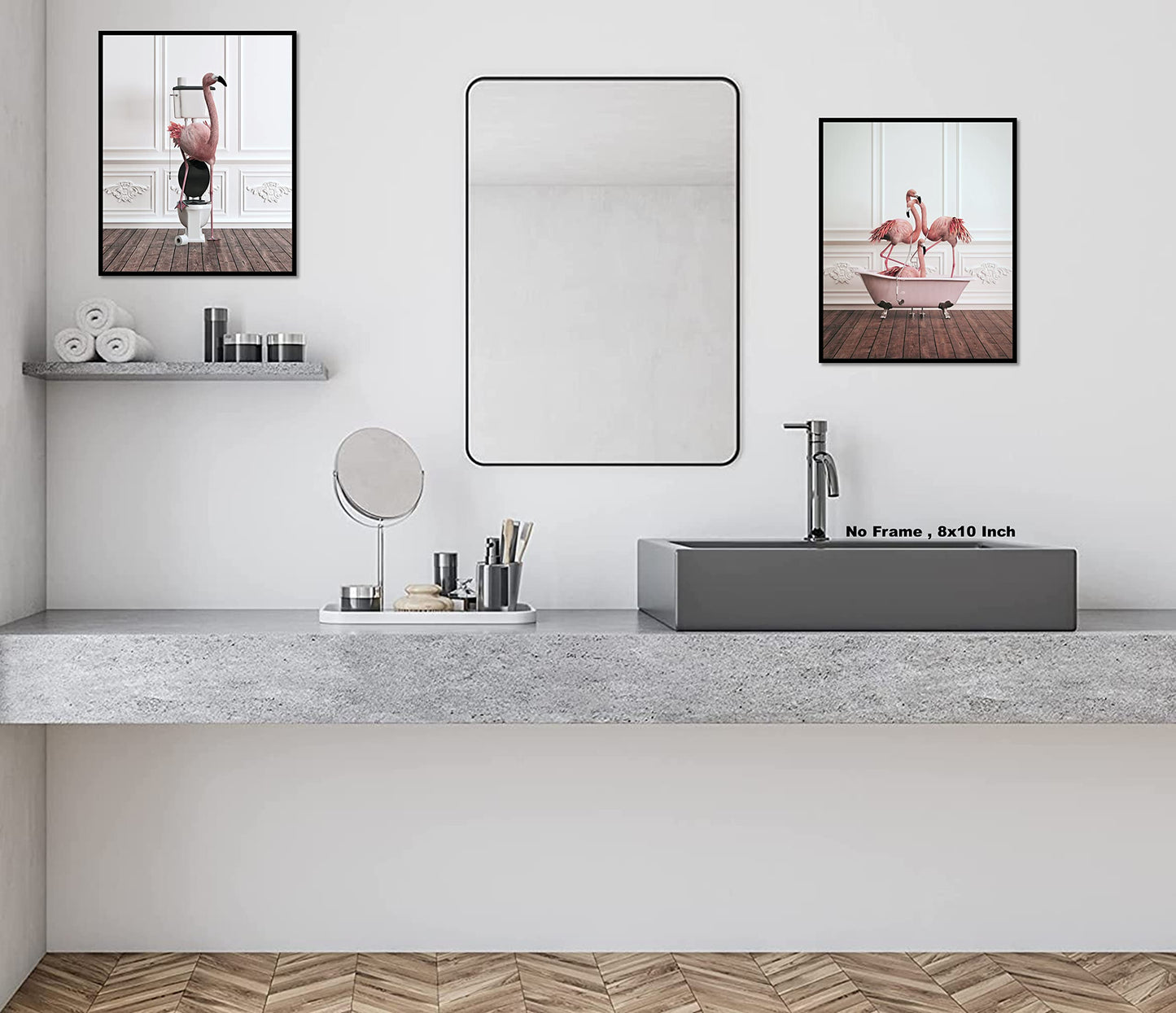 Funny Bathroom Flamingo Wall Art – Unframed Set of 2 (8 x 10 Inch) – Flamingos Pink Room Decor, Bathroom Wall Decor, Kids Bathroom Decor, Animal Flamingos Pictures Posters for Funny Bathroom and