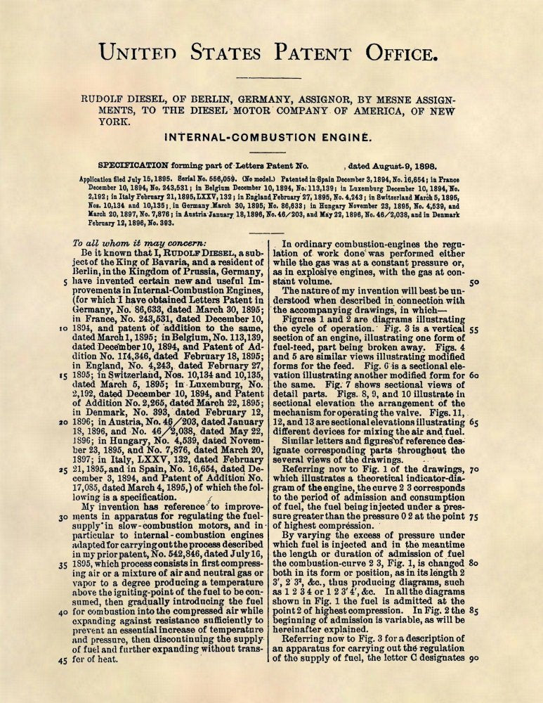 Patent Prints - 1898 Diesel Engine Patent Art - Patent Poster (8.5 x 11) - 140