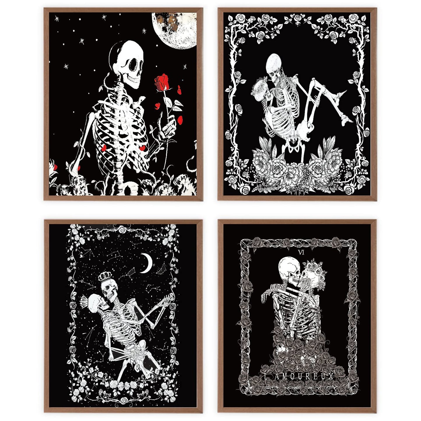 VNWEK Gothic Wall Art Poster Prints,Macabre Art Sugar Skull The Kissing Lovers Decorations for Goth Home Bedroom Girls Room,Couples Skull Lovers Gifts,Unframed 8”x10”Set Of 4