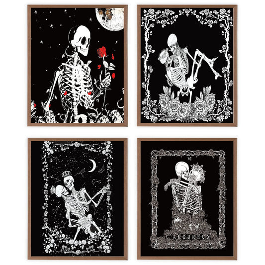 VNWEK Gothic Wall Art Poster Prints,Macabre Art Sugar Skull The Kissing Lovers Decorations for Goth Home Bedroom Girls Room,Couples Skull Lovers Gifts,Unframed 8”x10”Set Of 4