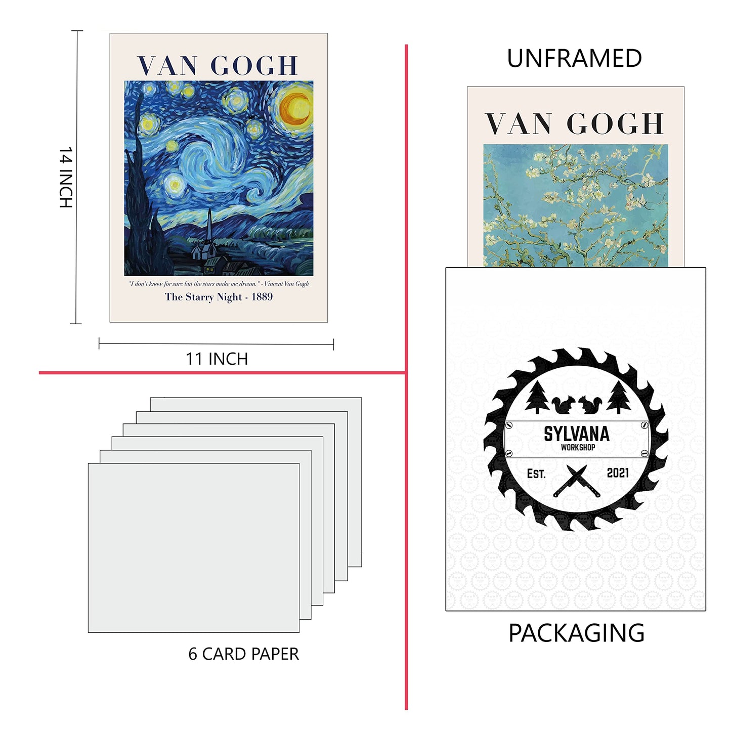 Sylvana Workshop,Van Gogh Posters and Prints Wall Art, UNFRAMED(Set of 6 Wall Decor), Fine Art Posters Prints, The Starry Night, Art Prints, Famous Prints, Van Gogh Decorations… (11"x14")