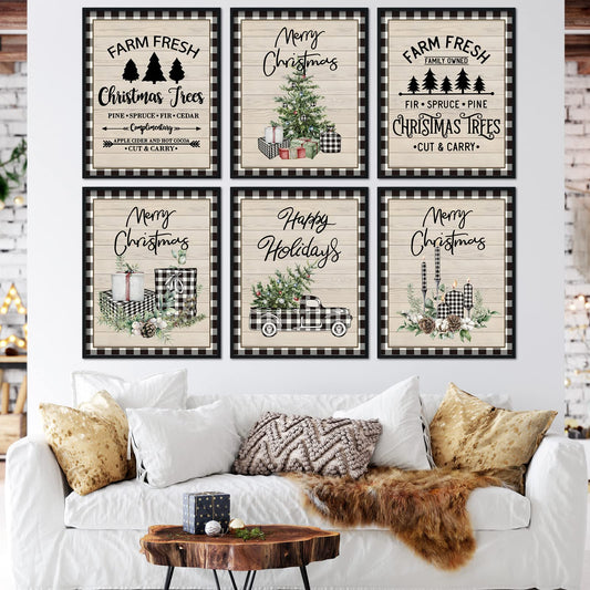 AnyDesign 6Pcs Christmas Wall Art Prints 8x10in Black White Buffalo Plaid Art Poster Decor Farmhouse Xmas Tree Truck Candle Posters Room Decor for Gallery Living Room Bathroom Wall Decor(UNFRAMED)