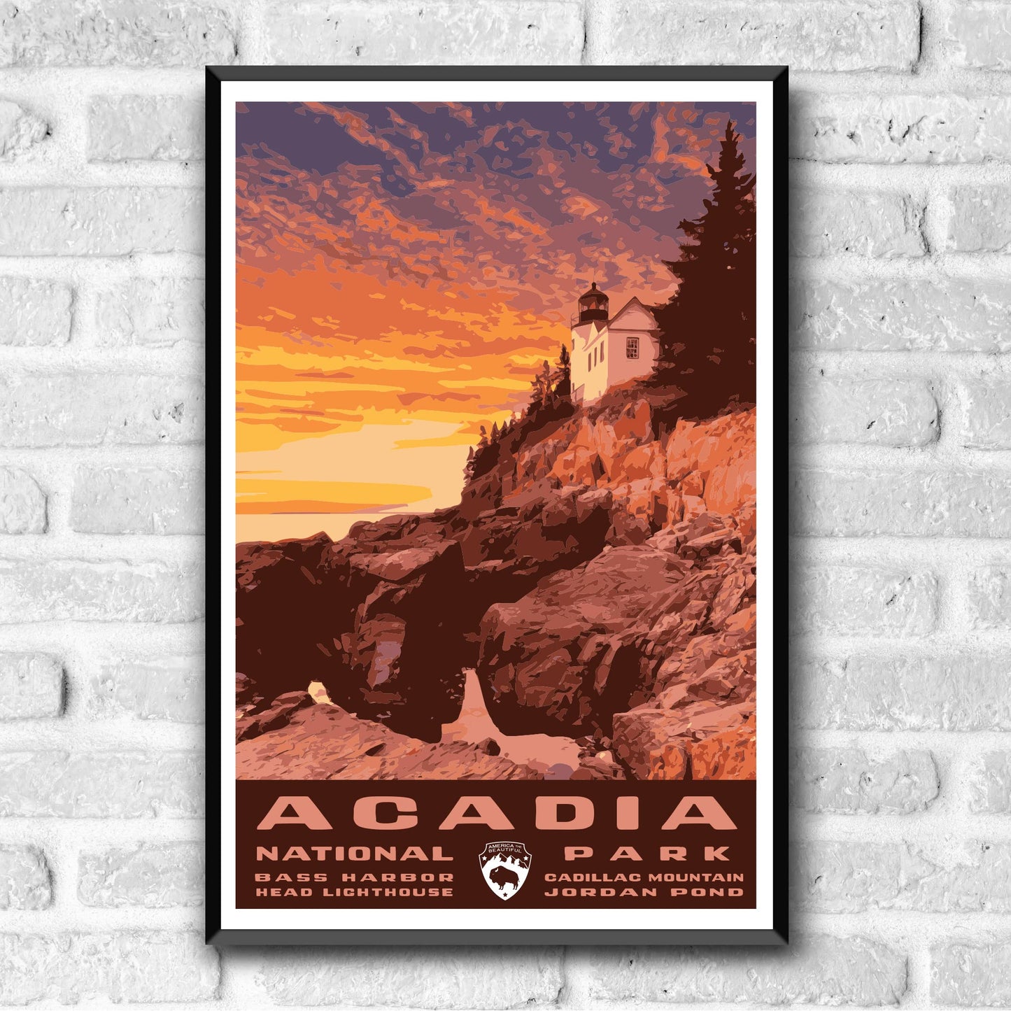 Acadia National Park Vintage-Style Travel Poster - 8x10-12x18-18x24-24x36 / 4x6 Postcard WPA Style Maine Art Print Bass Head Harbor Light Station Lighthouse (4x6 Inch Postcard)