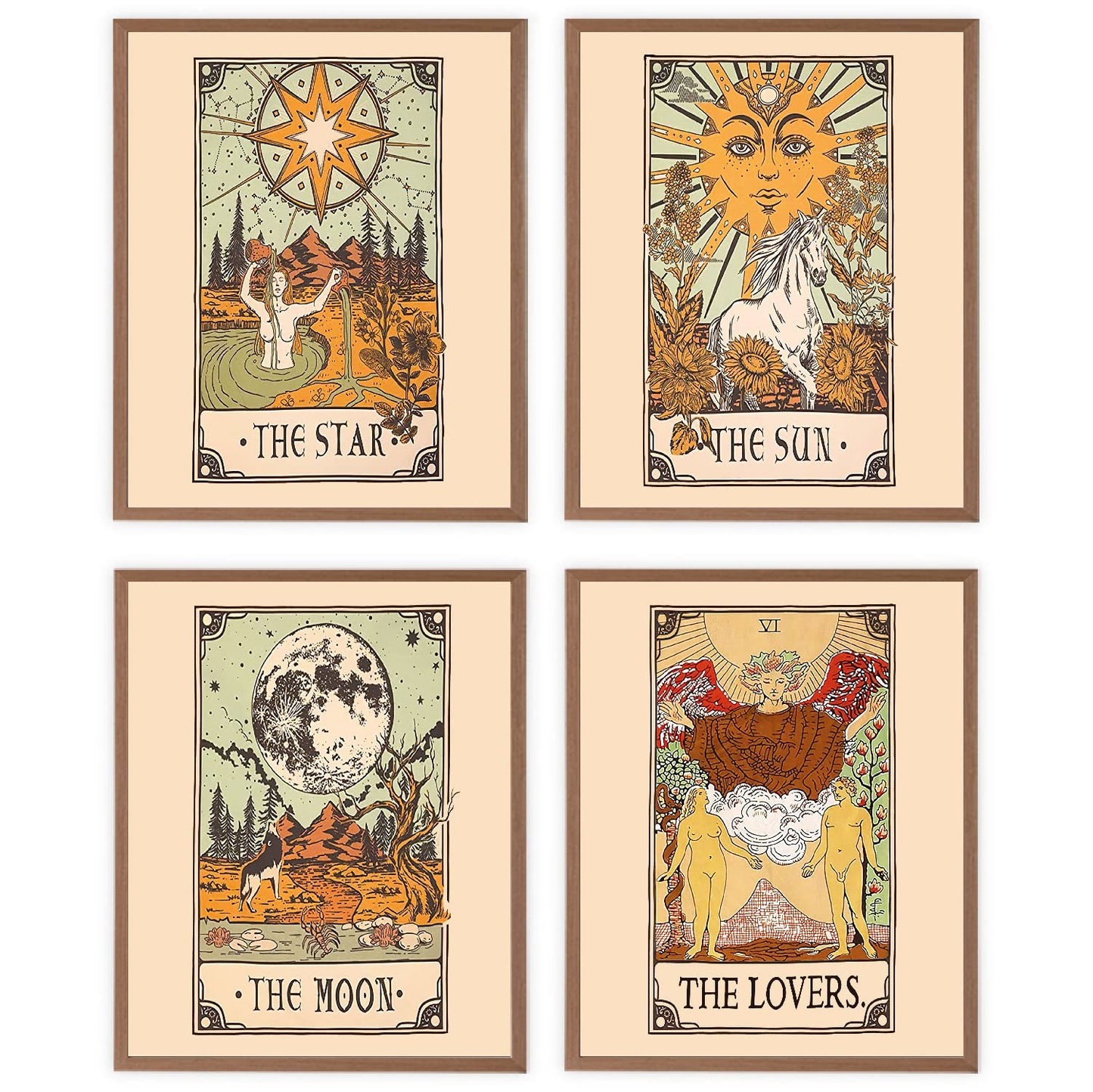 VNWEK Retro Tarot The Sun Moon Star And The Lovers Wall Art Poster Prints Unframed 8”x10”Set Of 4,Tarot Themed Decorations for Home Girls Room Dorm,Daughter Sister Astrology Tarot Lovers Gifts