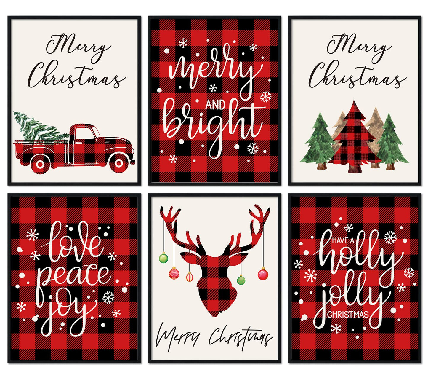 AnyDesign 6Pcs Christmas Wall Art Prints 8x10in Red Black Buffalo Plaid Art Poster Decor Farmhouse Xmas Tree Truck Reindeer Posters Room Decor for Gallery Living Room Bathroom Wall Decor(NO FRAME)