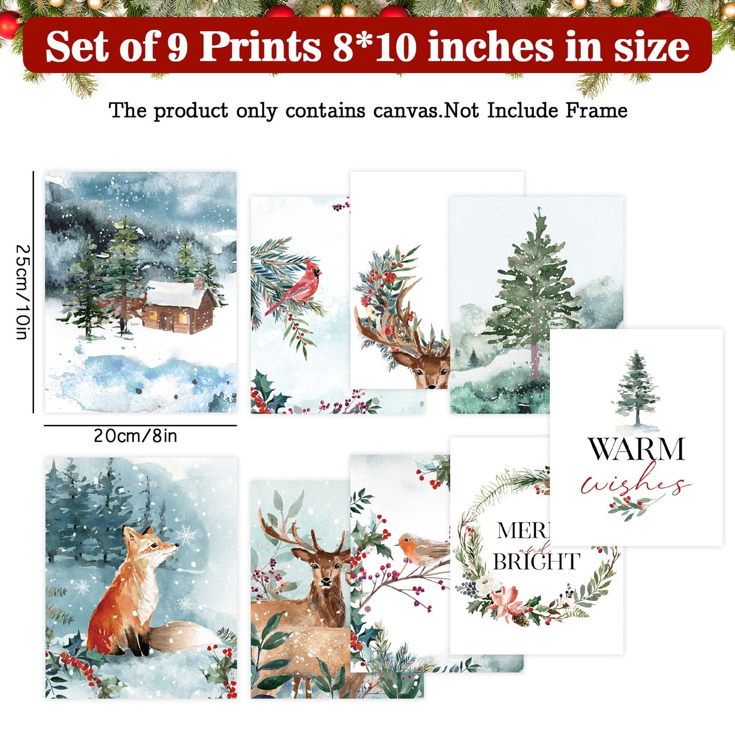 AnyDesign 9Pcs Christmas Wall Art Prints Watercolor Woodland Posters Decorative Natural Xmas Tree Reindeer Forest Art Posters for Home Gallery Living Room Bedroom Decor, 8 x 10 Inch, Unframed