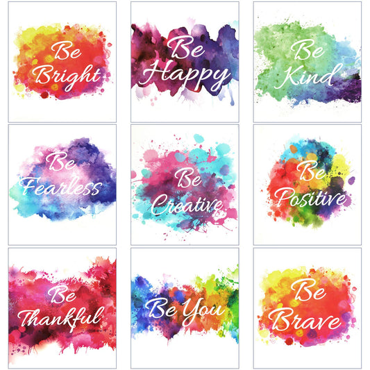 9 Pieces Inspirational Poster Art Colorful Abstract Paint Unframed Inspirational Posters for Home Office Watercolor Canvas Print Decoration