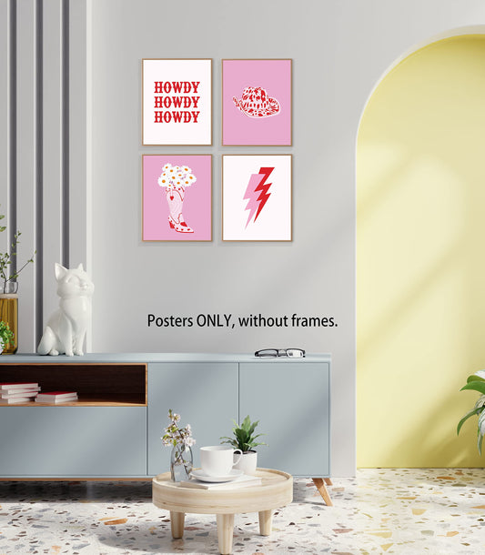 LiTiu Cowgirl Hat Daisy Flower Boot Howdy Lightning Preppy Hot Pink Wall Art Poster Prints Decor, 8”x10”Set Of 4, Preppy Artwork Teen Girls Gifts for women, Decoration For Girls Room