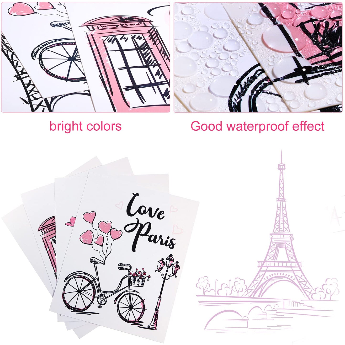 4 Pieces Paris Wall Art Prints, Pink Eiffel Tower Telephone Booth Romantic Paris Theme Room Unframed Art Poster Decor for Girls Living Room Bedroom Bathroom Kitchen Office Decor, 8 x 10 Inch