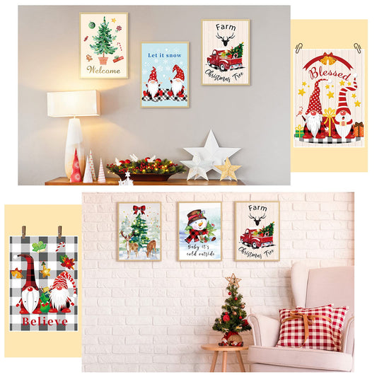 Set of 9 Christmas Winter Decor 8 x 10 Buffalo Plaid Gnome Santa Claus Deer Snowman Christmas Wall Art Poster Nordic Decor Vintage Art Prints Christmas Wall Decor for Living Room Home Party Decoration