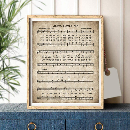 Youhu Wall Art Canvas Painting Jesus Loves Me Vintage Hymn Sheet Music Poster Print Christian Nursery Kids Children's Song Decor 20x30cm Unframed