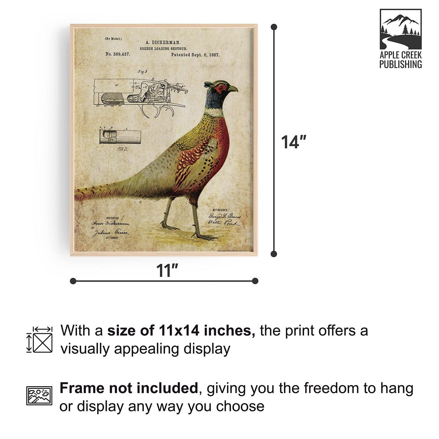 Apple Creek Pheasant Hunting Vintage Shotgun Patent Poster Art Print Reproduction 11x14 Black Yellow Lab Labadore Call Wall Decor Pictures
