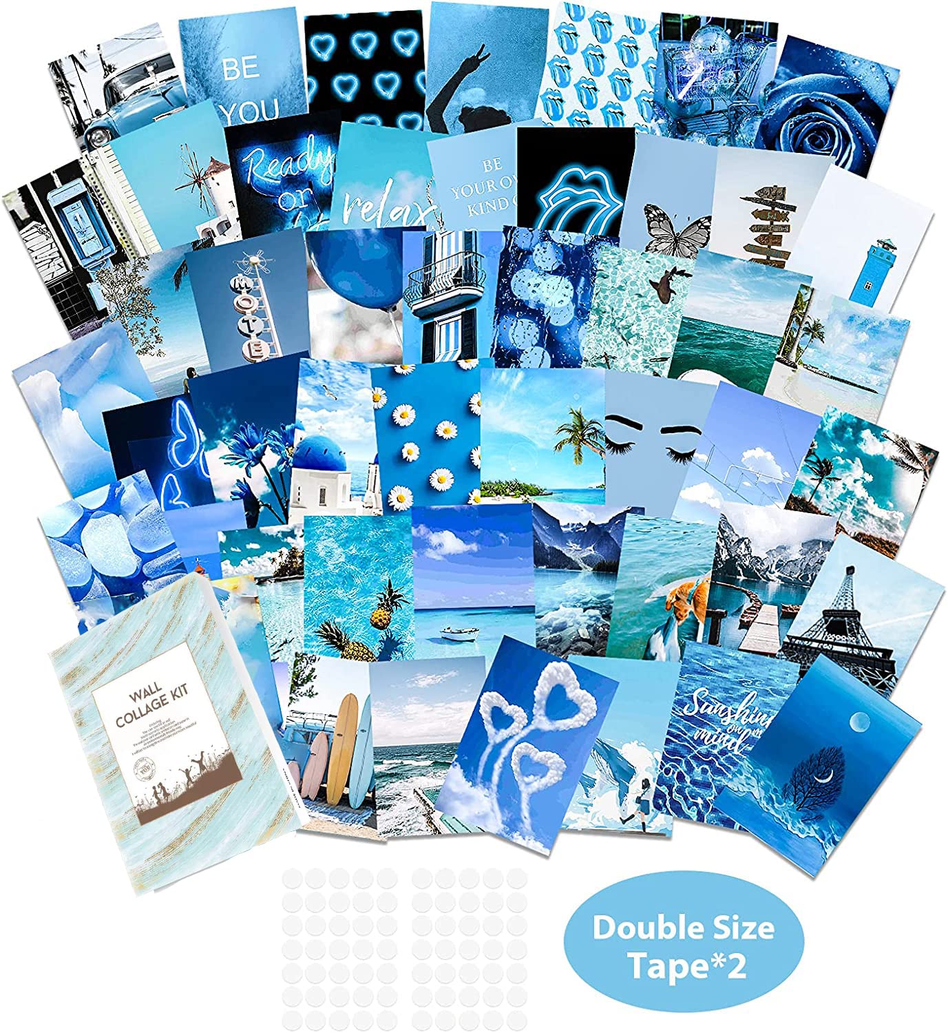 vfaejll Blue Wall Collage Kit Aesthetic Pictures 50 Set 4x6 Inch Art Photos Collage Kit for Teen Girls and Women Summer Beach Wall Prints Kit VSCO Posters for Bedroom Trendy Neon Collage Kit for Wall