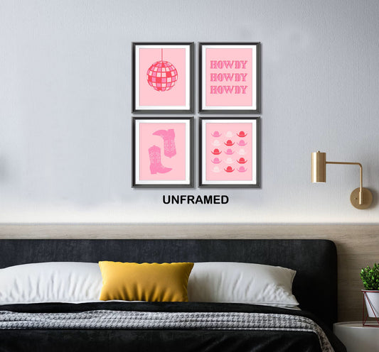 Hot Pink Howdy Western Cowgirl Boots Hats Bull Skull Disco Ball Poster Prints for Home Girls Room Dorm Decor,Preppy Decorations Prints Wall Art Unframed 4pcs 8x10 Inches,Teen Girls Cowgirls Gifts
