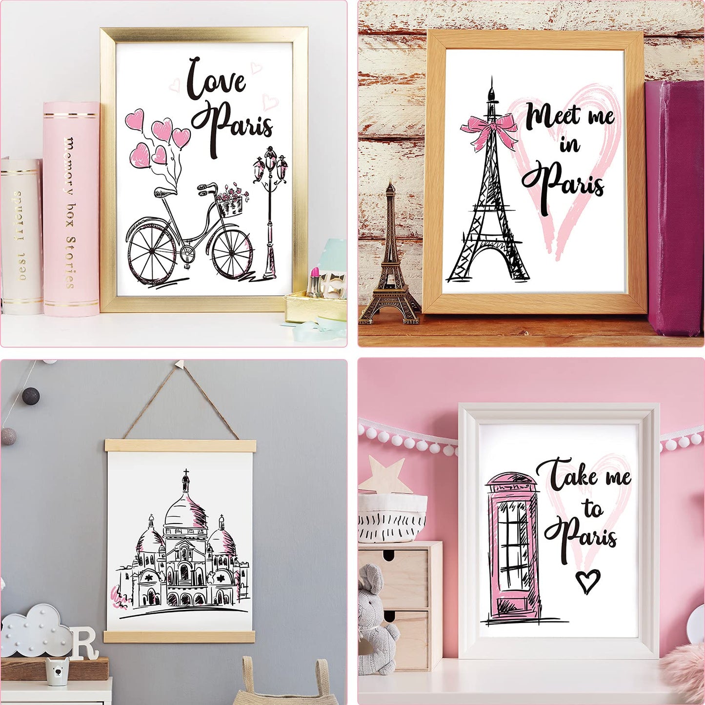 4 Pieces Paris Wall Art Prints, Pink Eiffel Tower Telephone Booth Romantic Paris Theme Room Unframed Art Poster Decor for Girls Living Room Bedroom Bathroom Kitchen Office Decor, 8 x 10 Inch