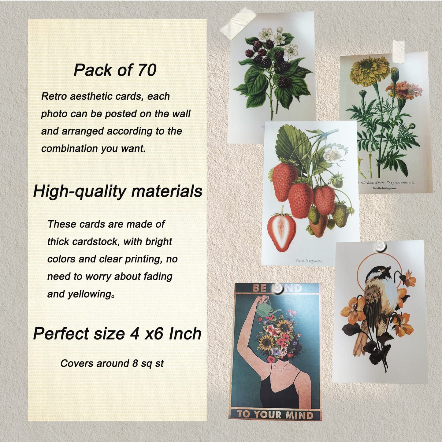 70 PCS Wall Collage Kit Vintage Aesthetic Pictures, Mini Botanical Room Aesthetic Poster, 4 x 6 inch wall decoration art poster image printing, Vintage Botanical Art Prints for Teen Room Décor.