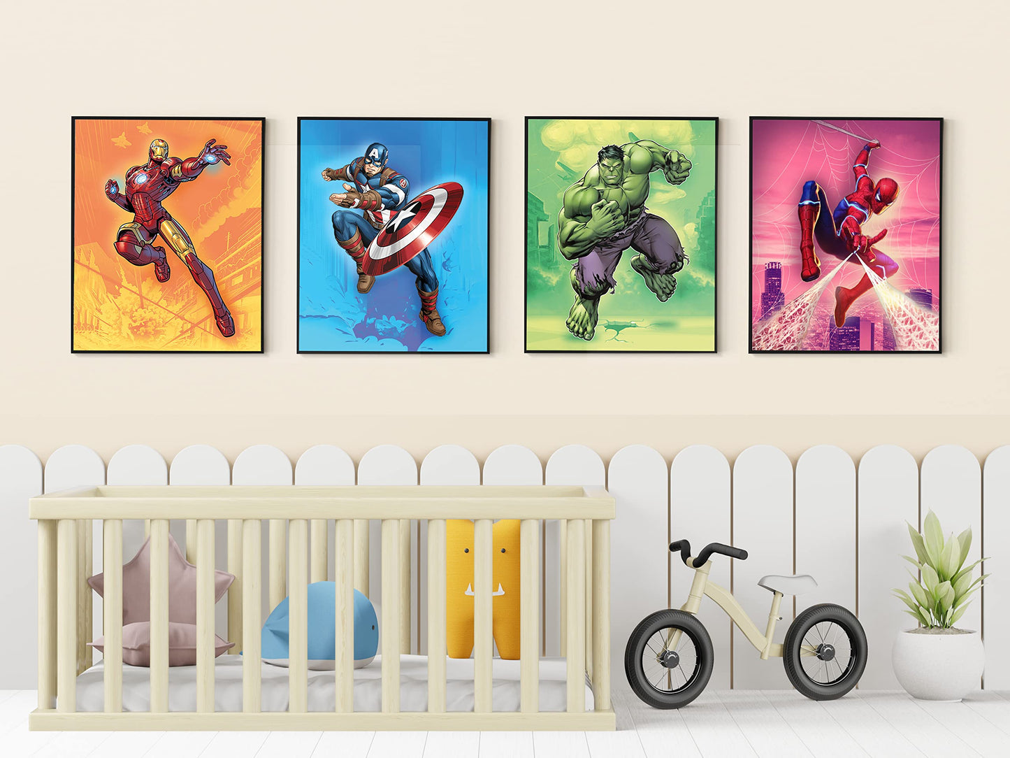 Superhero Wall Decor Poster Prints - Set of 4 (8 inch x 10 inch) - Superhero Room Decor for Boys - Avengers Wall Art - Room Decor For Kids - Nursery, Bathroom, Playroom Decor (UNFRAMED)