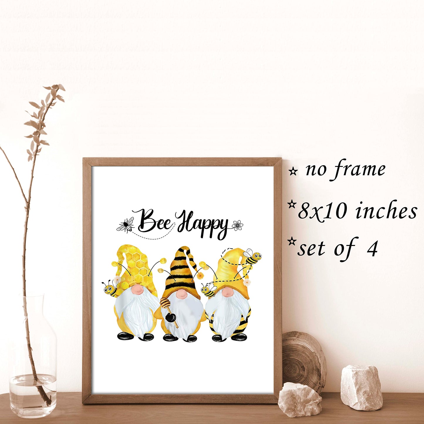 VNWEK Bee Kind Bee Happy Cute Sunflower Gnome Floral Inspirational Wall Art Poster Prints Unframed 8”x10”Set Of 4,Funny Gnome Decorations for Home Kitchen Girls Room,Gnome Lovers Women Girls Gifts