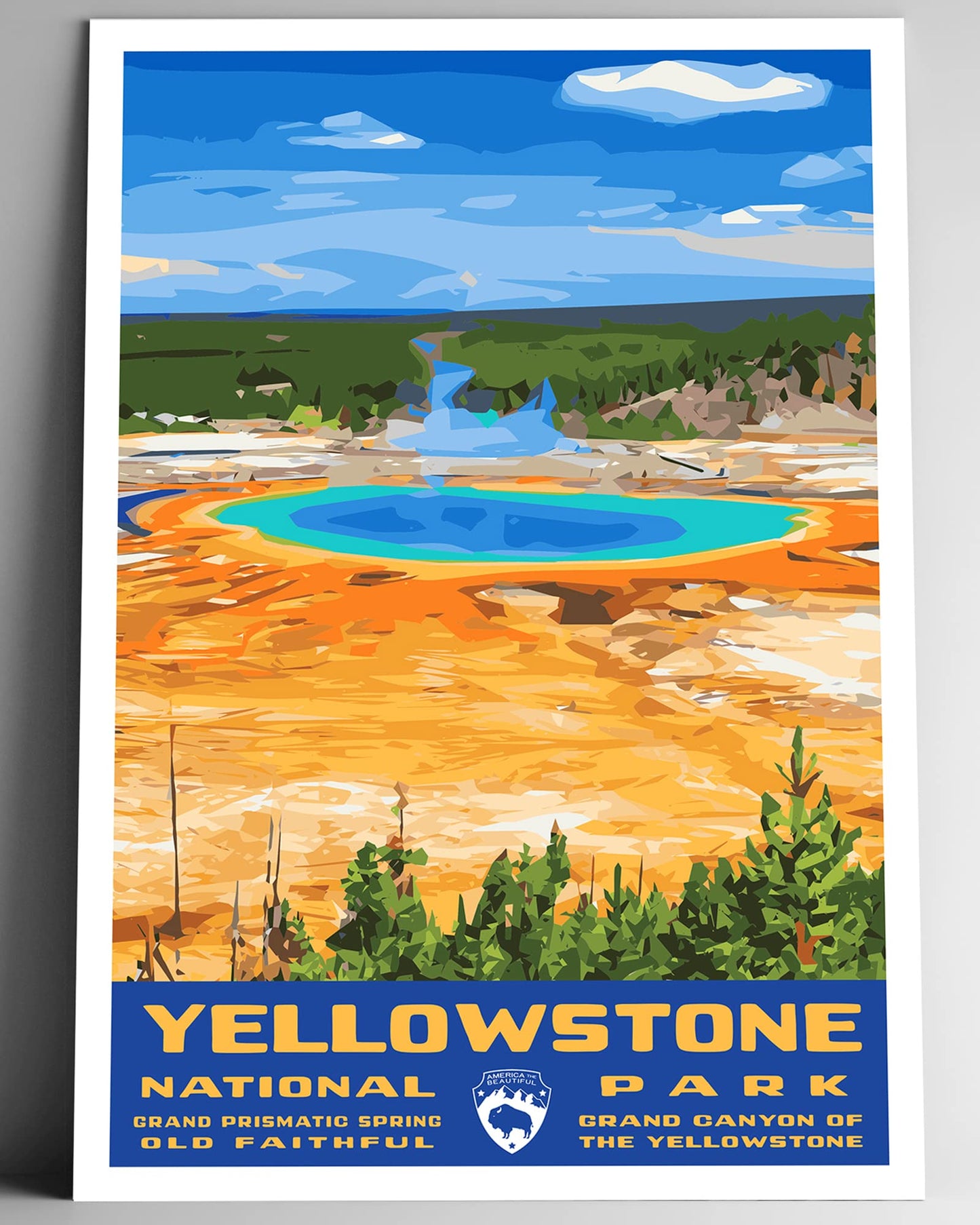 Yellowstone National Park Vintage-Style Travel Poster - 8x10-12x18-18x24-24x36 / 4x6 Postcard WPA Style Art Print Wyoming Montana Idaho USA Bison Grand Prismatic Spring (4x6 Inch Postcard)