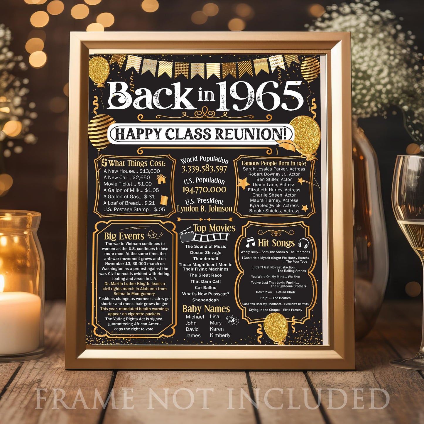 59th High School Reunion (Fifty-nine) Decoration in Gold - Remembering The Year - Class of 1965-11x14 Unframed Poster - Perfect Party Decor and Gift