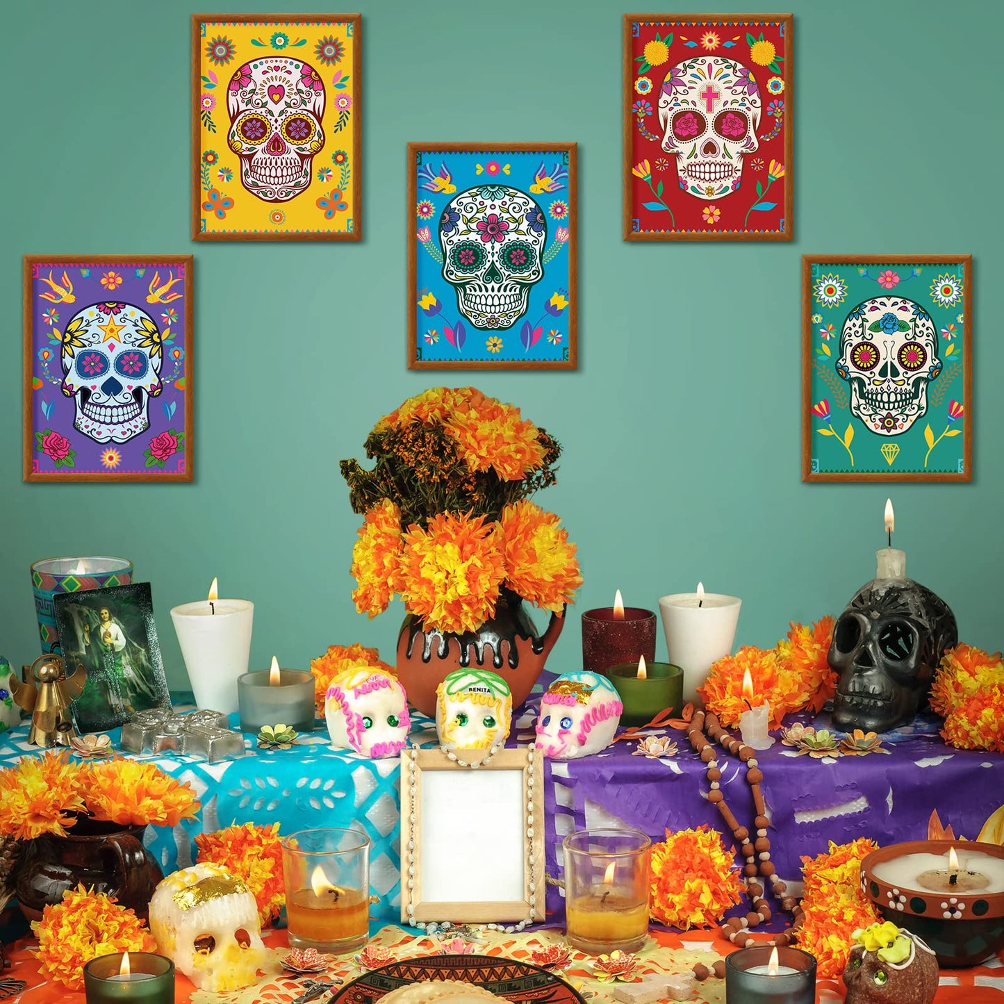 Clabby 12 Pieces Sugar Skull Decor Art Prints Day of the Dead Poster Dia De Muertos Skulls Wall Mexican Theme for Halloween Fiesta Office Party Home Decor, White