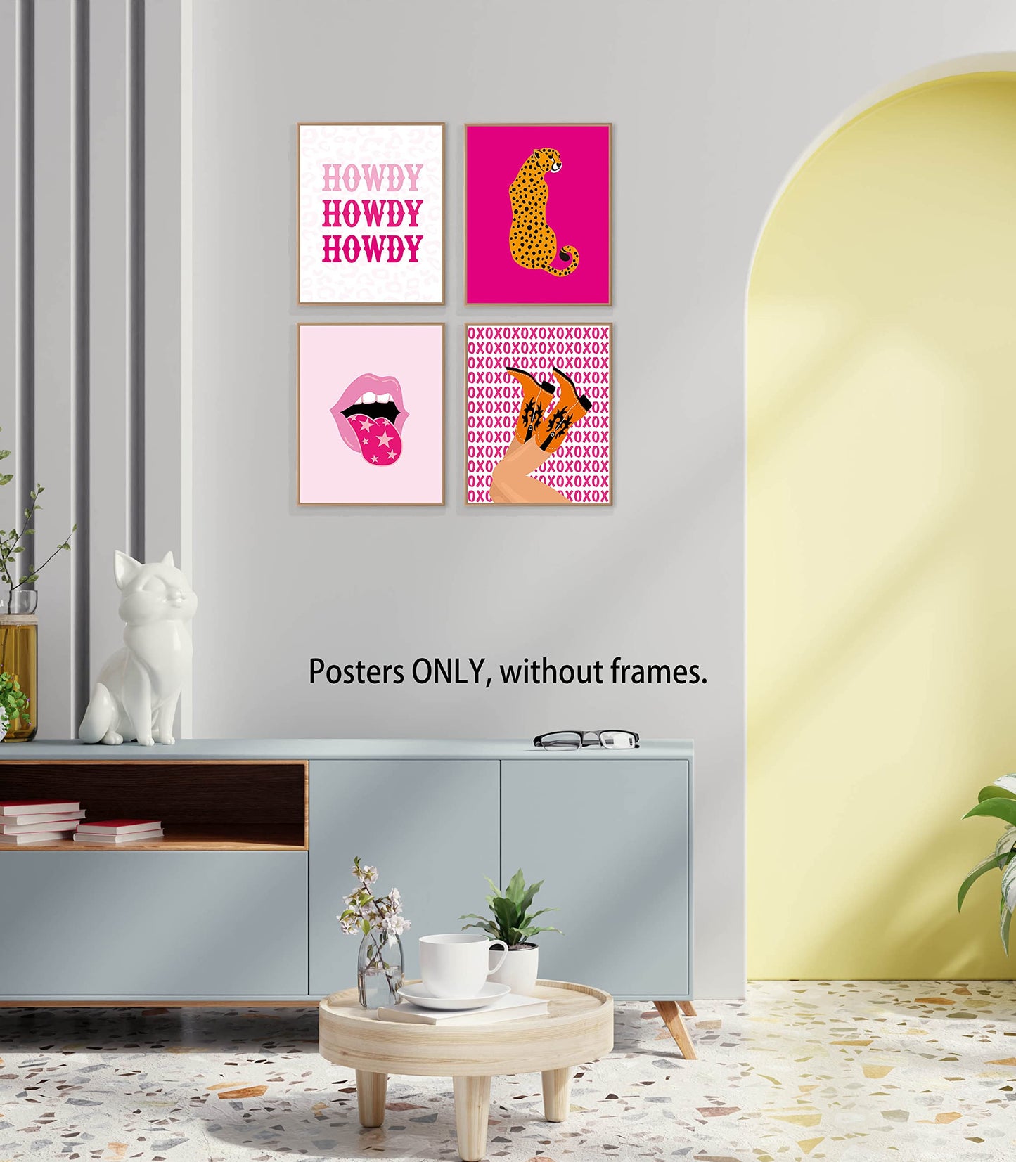 LiTiu Howdy XOXO Kisses Cowgirl Boots Lips Leopard Cheetah Preppy Hippie Hot Pink Wall Art Poster Prints Decor, 8”x10”Set Of 4, Preppy Artwork Teen Girls Gifts for Women, Decorations For Girls Room