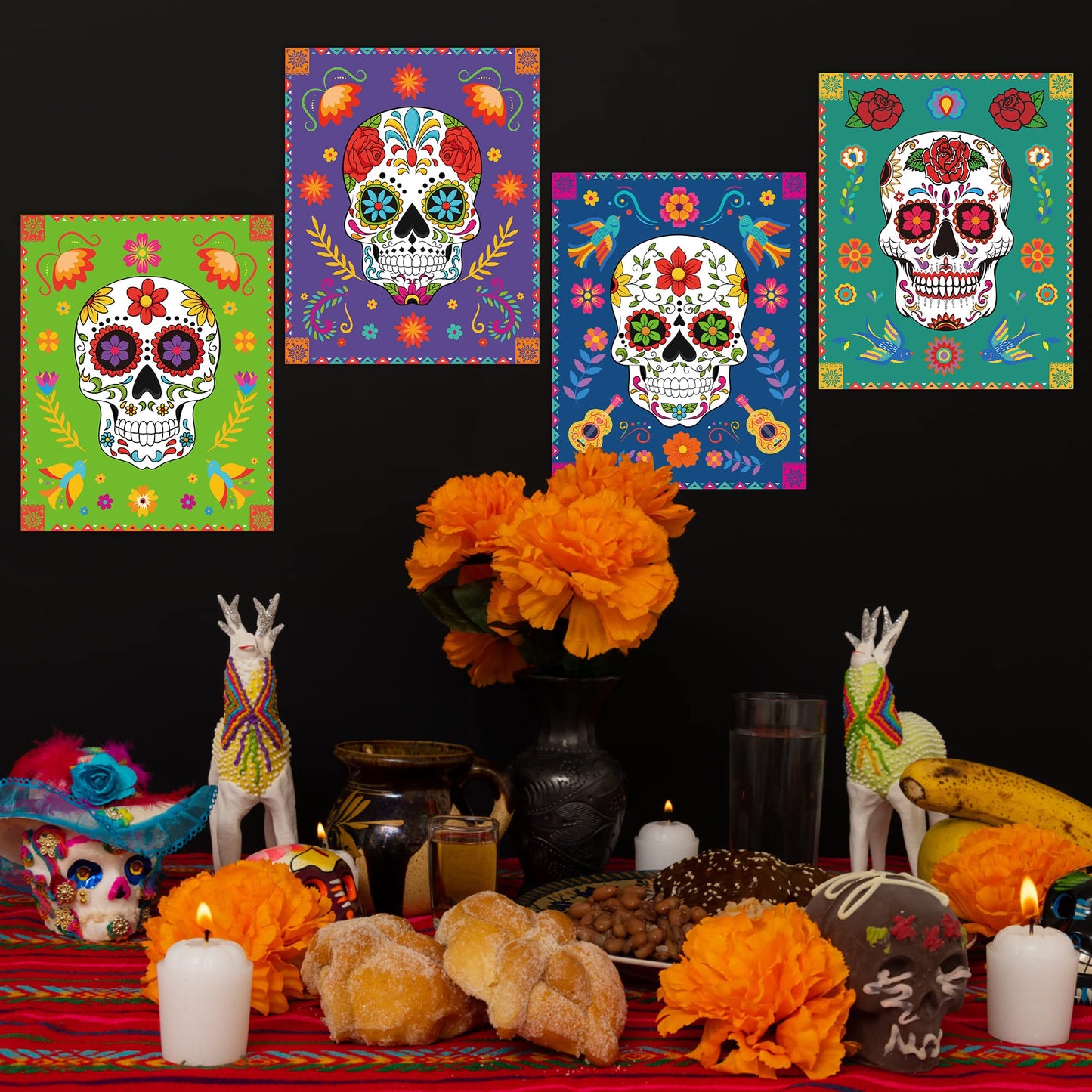 Haooryx 9Pcs Day Of The Dead Wall Art Poster Print Decoration, Mexican Day of The Dead Fiesta Party Sugar Skull Decor HD Printed Art Prints Poster for Home Living Room Bedroom Office Home Wall Decor